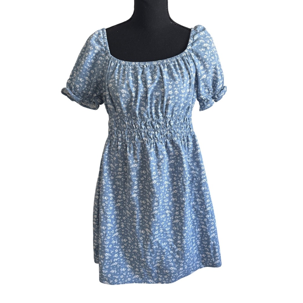 Iris Womens Smocked Babydoll Linen Blend Mini Dress Ditsy Floral Country Boho